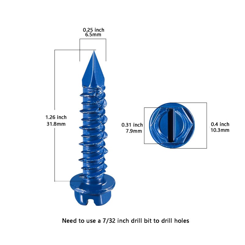 Wensilon(100 PCS) 1/4"" * 1-1/4"" Slotted Hex Concrete Screws Anchor Blue Hexagon Head for Anchoring to Masonry, Block or Brick Stucco - Image 2